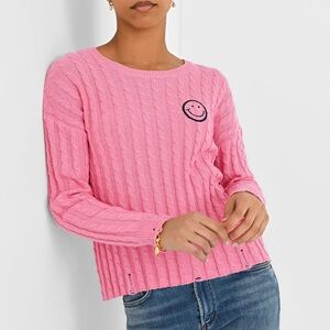 J SOCIETY Women's Cable Varsity Smiley Crew Sweater